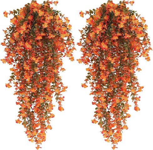 RECUTMS Outdoor Artificial Hanging Flowers 4Pcs Fake Greenery Shrubs UV Resistant Faux Plastic Plants for Farmhouse Kitchen Office Party Summer Decor Indoor (Orange) in Saudi Arabia