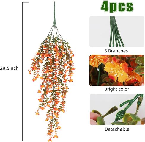 RECUTMS Outdoor Artificial Hanging Flowers 4Pcs Fake Greenery Shrubs UV Resistant Faux Plastic Plants for Farmhouse Kitchen Office Party Summer Decor Indoor (Orange) in Saudi Arabia