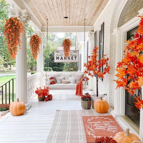 RECUTMS Outdoor Artificial Hanging Flowers 4Pcs Fake Greenery Shrubs UV Resistant Faux Plastic Plants for Farmhouse Kitchen Office Party Summer Decor Indoor (Orange) in Saudi Arabia