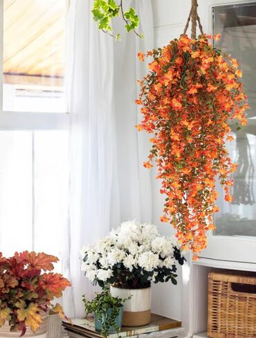 RECUTMS Outdoor Artificial Hanging Flowers 4Pcs Fake Greenery Shrubs UV Resistant Faux Plastic Plants for Farmhouse Kitchen Office Party Summer Decor Indoor (Orange) in Saudi Arabia