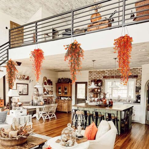 RECUTMS Outdoor Artificial Hanging Flowers 4Pcs Fake Greenery Shrubs UV Resistant Faux Plastic Plants for Farmhouse Kitchen Office Party Summer Decor Indoor (Orange) in Saudi Arabia