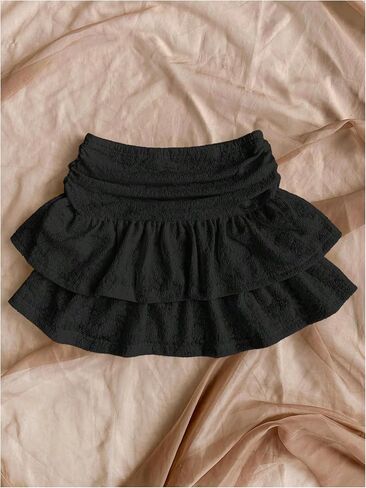 Women's Tiered Layer Shirred Boho Skirts Casual Smocked Ruffle Trim Ruched Mini Skirt in Saudi Arabia