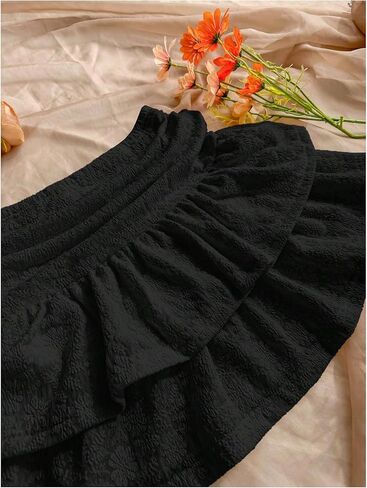 Women's Tiered Layer Shirred Boho Skirts Casual Smocked Ruffle Trim Ruched Mini Skirt in Saudi Arabia