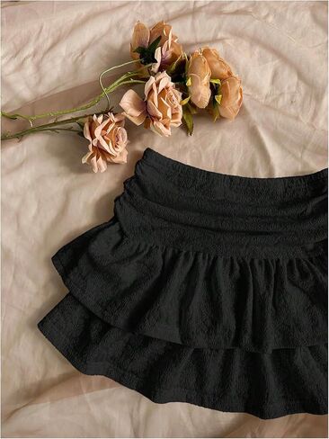 Women's Tiered Layer Shirred Boho Skirts Casual Smocked Ruffle Trim Ruched Mini Skirt in Saudi Arabia