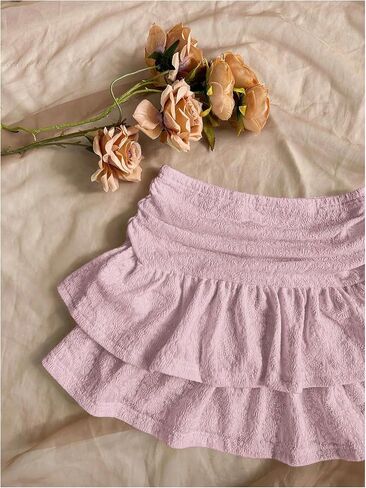 Women's Tiered Layer Shirred Boho Skirts Casual Smocked Ruffle Trim Ruched Mini Skirt in Saudi Arabia