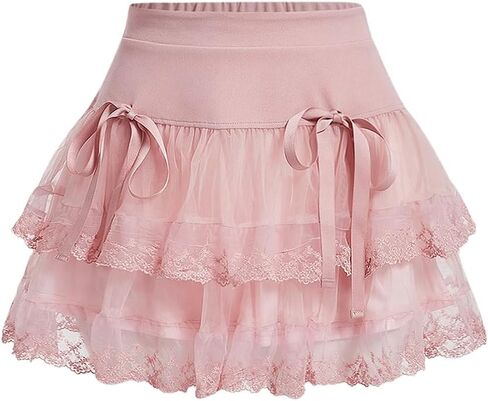 Women's Y2K Solid Tiered Layer Skirt High Waist Contrast Mesh Lace Tie Bow Front Loose Mini Skirt Cake Skirt in Saudi Arabia