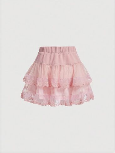 Women's Y2K Solid Tiered Layer Skirt High Waist Contrast Mesh Lace Tie Bow Front Loose Mini Skirt Cake Skirt in Saudi Arabia
