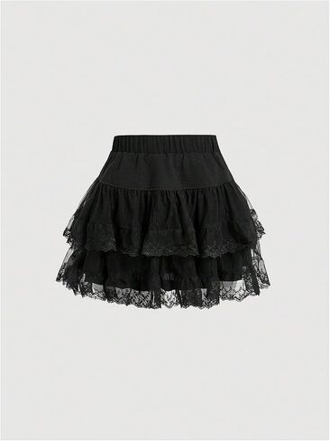 Women's Y2K Solid Tiered Layer Skirt High Waist Contrast Mesh Lace Tie Bow Front Loose Mini Skirt Cake Skirt in Saudi Arabia