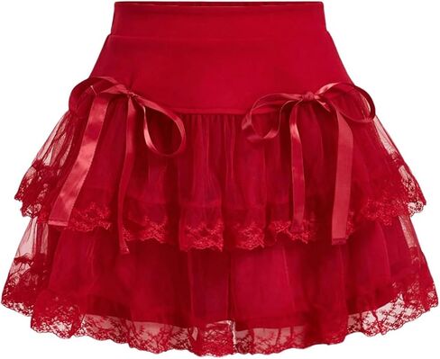 Women's Y2K Solid Tiered Layer Skirt High Waist Contrast Mesh Lace Tie Bow Front Loose Mini Skirt Cake Skirt in Saudi Arabia