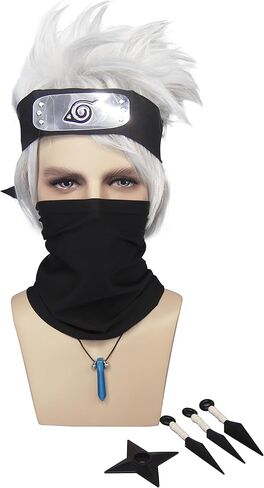 Men's Fluffy Short Silver White Grey Anime Cosplay Wig Halloween Costume Sythetic Wigs with 9PCS Accessories in Saudi Arabia