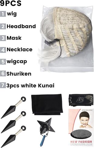 Men's Fluffy Short Silver White Grey Anime Cosplay Wig Halloween Costume Sythetic Wigs with 9PCS Accessories in Saudi Arabia