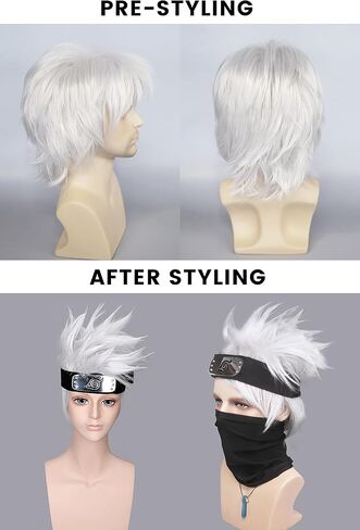 Men's Fluffy Short Silver White Grey Anime Cosplay Wig Halloween Costume Sythetic Wigs with 9PCS Accessories in Saudi Arabia
