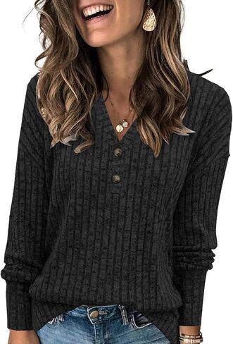 Womens Lightweight Sweaters Button Down Fall Long Sleeve Pullover Shirts Business Casual Tunic Tops in Saudi Arabia