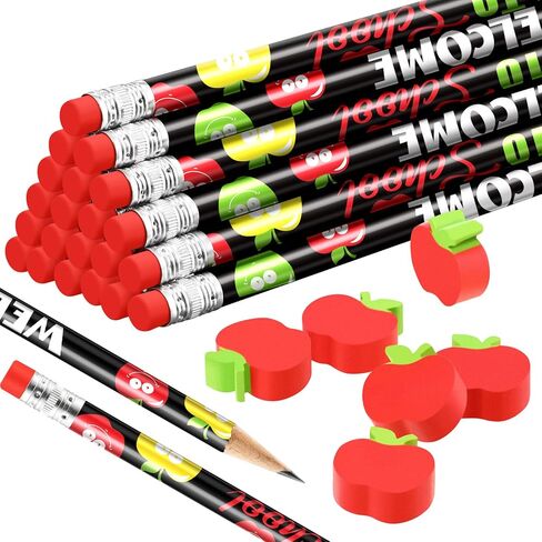 24 Pcs Welcome Back to School Pencils with 24 Miniature 0.9 in Apple Erasers, Apple Shape Mini Erasers, Kindergarten Pencils First Day of School Gift Set for Students, Teachers Classroom Supplies in Saudi Arabia