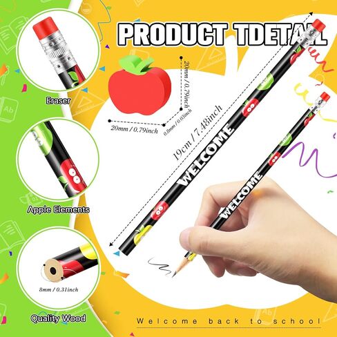 24 Pcs Welcome Back to School Pencils with 24 Miniature 0.9 in Apple Erasers, Apple Shape Mini Erasers, Kindergarten Pencils First Day of School Gift Set for Students, Teachers Classroom Supplies in Saudi Arabia