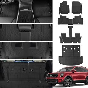 Floor Mats & Cargo Liner with Backrest Mat for 2020-2024 Kia Telluride 7 Seats Without Center Console All Weather Protection TPE Rubber Full Set Automotive Mat Accessories, Black