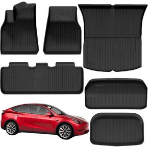 Floor Mats for Tesla Model Y 2024-2020, All Weather Durable TPE Automotive Interior Cargo Liner Floor Mats and Cargo Trunk Mats Accessories(Set of 6 - NOT fit 7-Seat)