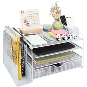Soilsiu Desk Organizer, Office Desk Accessoreis with Drawer, 4-Tier Dorm Room Essentials for College Students, Pen Holders, Office Supplies Paper File Organizer for Desk, Black