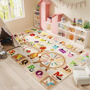 Pink Rug for Girls Bedroom Daycare Kids Rug 6x9 Playroom Rug with ABC Alphabet Animals,Educational and Fun ClassroomRug,Washable Nursery Rug for Baby Toddler Children