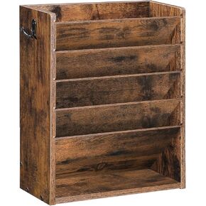 Wall File Organizer, 6-Tier Vertical Mount Hanging Holder with 2 Side Hooks, Modern Wooden Magazine Storage Holder with Bottom Tray, Desk Organizer, for Office, Home, Greige MWJ01FH