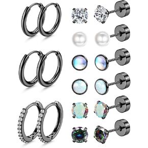 YADOCA Hypoallergenic Surgical Steel Earrings - Flat Back Stud Earrings for Women Men - 20G Small Cubic Zirconia Opal Hoop Studs - Screw Back Cartilage Earring Sets for Multiple Piercing