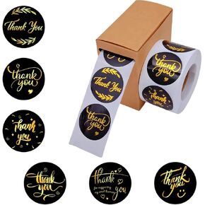 Thank You Stickers Small Business, 1.5 inch Thank You Stickers Labels for Packaging, 500 Black Labels with 6 Gold Foil Designs in Dispenser Box, Waterproof Packing for Small Business,Envelope Seal