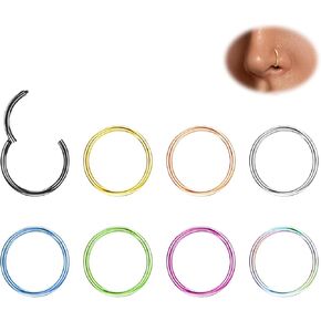 8Pcs Titanium Nose Rings Hoops 14G 16G 18G 20G Hoop Nose Rings for Women Nose Hoop Hinged Clicker Conch Septum Rings Tragus Cartilage Earring Lip Rings Nose Piercing Jewelry 6mm-12mm