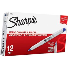 Sharpie 37003 Ultra-Fine Permanent Marker, Marks on Paper and Plastic, Resist Fading and Water, AP Certified, Blue Color, 12 Count - 1 Pack