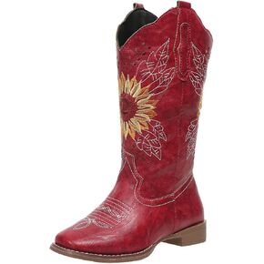 Cowboy Boots for Women Sunflower Cowgirl Western Boots Floral Embroidery Square Toe Mid Calf Low Heel Red Pink Black Yellow Brown US3-13