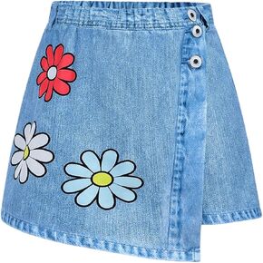 OYOANGLE Girl's Floral Print High Elastic Waist Denim Skort Asymmetrical Hem Wrap Skirt Shorts