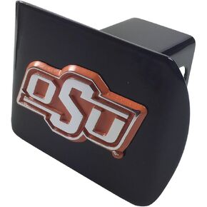 Oklahoma State METAL emblem (chrome with orange trim) on black METAL Hitch Cover