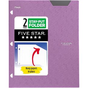 Five Star 2-Pocket Folder, Plastic Folder with Stay-Put Tabs, Fits 3 Ring Binder, Holds 8-1/2" x 11" Paper, Blue (333420H-ECM)