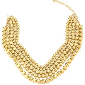 COOLSTEELANDBEYOND Statement Necklace Large Gold Beads Necklace, Four Layers Bead String Gold Chain