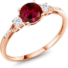 Gem Stone King 10K Rose Gold 6MM Round Gemstone Birthstone White Created Sapphire and White Diamond Accent 3-Stone Engagement Ring | Three-Stone Wedding Anniversary Promise Ring For Women