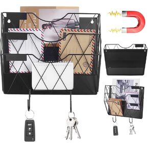Magnetic File Holder, File Organizer for File Cabinets, Mail Organizer Vertical Magazine Holder for Refrigerator, No-Drill Mount Hanging Magnetic Folder Holder for Office Home（3-Tier, Black)