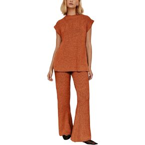 Lviefent Womens 2 Piece Outfits Sweater Set Sleeveless Side Slit Pullover Top Knit Wide Leg Pants Lounge Matching Sets