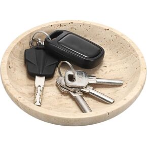 Hipiwe Small Key Bowl for Entryway, 5.5" Round Decorative Ring Holder Dish Natural Travertine Stone Trinket Tray Jewelry Dish Plate Candle Tray for Earring Necklaces Home Decor