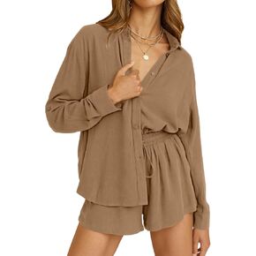 DEEP SELF 2 Piece Outfits for Women Summer Botton Down Long Sleeve Shirt and Shorts Set Tracksuit Pajamas Sets with Pockets
