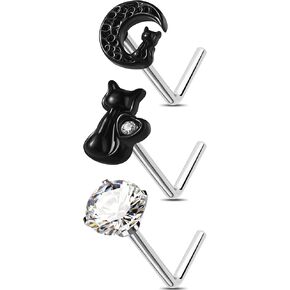 Jewseen 3PCS Nose Rings Studs 20g Surgical Steel Halloween Nose Piercing Jewelry Moon Cat Nose Studs Nose Rings for Women