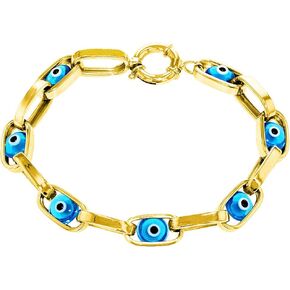 14K Yellow Gold Polished Blue Evil Eye of Nazar Evil Eye Chain Link Bracelet