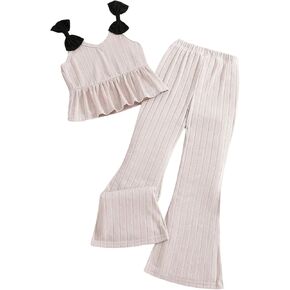 Verdusa Girl's 2 Piece Outfit Ribbed Pant Sets Bow Peplum Cami Top and Flare Leg Pants