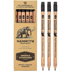 Mammoth Jumbo Pencils - 12 Pack, American-Made Cedar Pencils for Preschoolers, Kids, Carpenters, Handymen, People with Hand Issues, Comfortable Grip, Break-Resistant Graphite Core, Smudge-Free Eraser