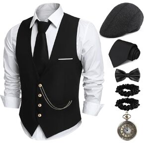 1920s Mens Costume,Roaring 20s Costumes for Men,Gatsby Gangster Outfit Accessories with Vest Hat Pocket Watch Bow Tie Armband