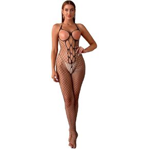 Women's Halter Lingerie Cut Out Tights Crotchless Bodycon Hollow-Out Fishnet See Through Babydoll Sexy PartyWear