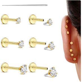 Flat Back Earrings Studs - 14K Gold Filled Internal Thread 18G 16G Piercing Jewelry for Cartilage Helix Tragus Hypoallergenic Labret Lip Conch Nose 316L Stainless Steel Stud for Women Men