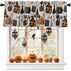 ALAGEO Halloween Valances for Windows Pumpkin Kitchen Curtain Valances Black Cat Witch Hat Window Curtain Treatment Short Topper Curtains for Kitchen Bathroom Living Room 1 Panel 42x12 Inch