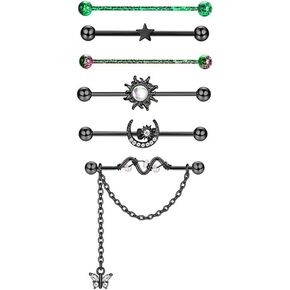 6Pcs 14G Surgical Steel Industrial Barbell Earrings for Women Men 38mm Star Sun Moon Butterfly Industrial Bar Helix Cartilage Earrings Body Piercing Jewelry