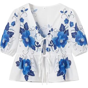 Gihuo Womens Tie Front Floral T-shirt Cute V Neck Ruffle Hem Short Sleeve Summer Cropped Shirt Top Babydoll Blouse