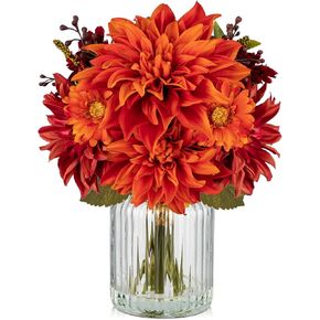 Briful Fake Fall Flowers with Vase, Artificial Fall Dahlia & Mum Silk Floral Arrangement with Glass Vase Faux Autumn Flowers Bouquet for Home Office Room Coffee Table Centerpiece Wedding Decoration