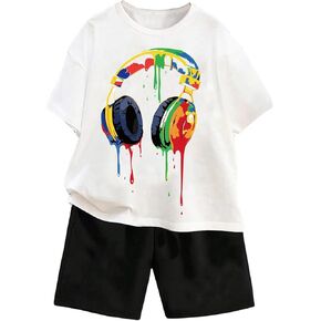 WDIRARA Boy's 2 Piece Outfits Cartoon Graphic Print Round Neck Short Sleeve T-Shirt and Shorts Set